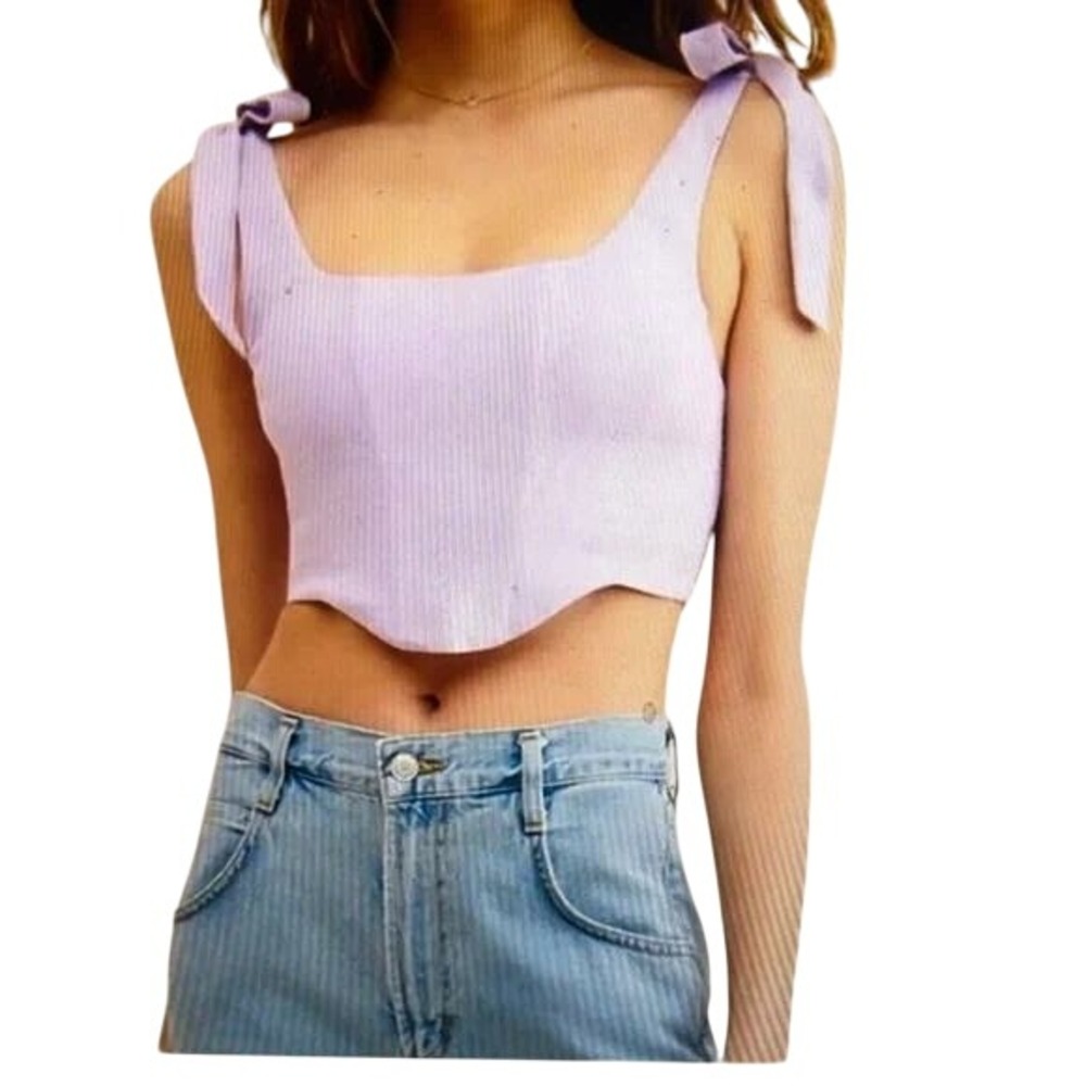 FARM Rio Top blouse Lilac Corset Crop Smocked Shoulder Tie Linen Summer S purple